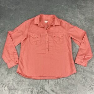 Talbots Top Womens Sz L Coral Pink Linen Cotton Popover Safari Roll Tab Collared